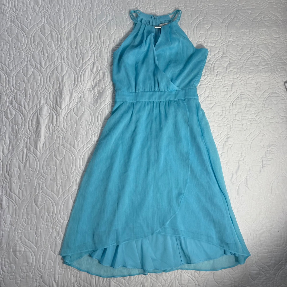 White House Black Market Baby Blue Halter High Low Chiffon Dress Size 0 EUC - Picture 6 of 14